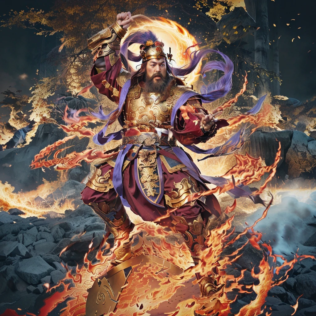 a fierce warrior, holding a golden bamboo sword, fire, asura from chinese myth, maroon beard and hair, purple deity ribbon, standing on huge golden iron wheel, 3 eyes, ancient chinese armour, taoist priest, taoist master, small crown, pointing middle finger up, open mouth,  realistic fire