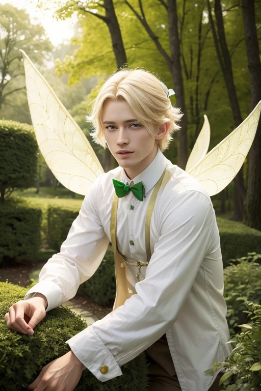 ((best qualityer)), ((work of art)), (detailded), 1 men, Leprechaun, with fairy wings, blond, greeneyes, off white, shining skin