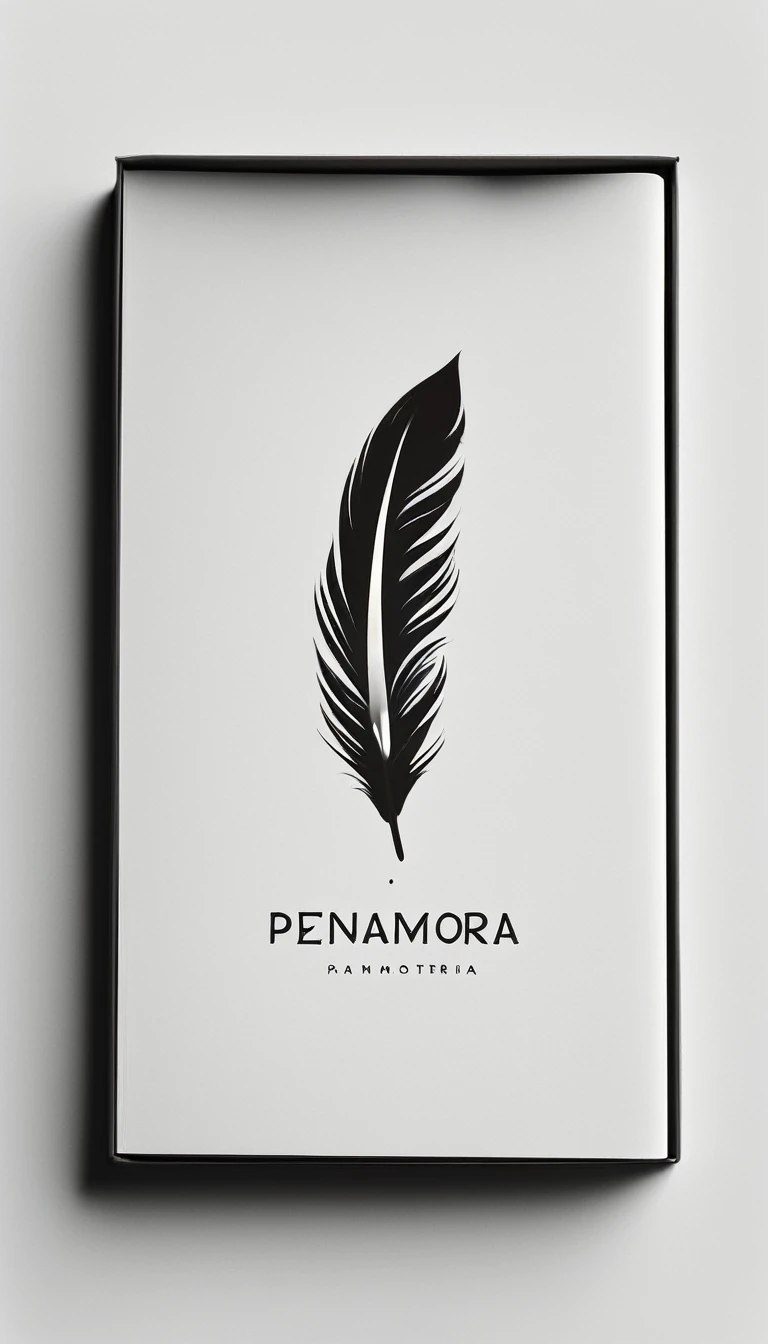 A minimal, modern, simple, cinematic logotype for the brand Penamemoria. The logotype must be a simple Memory Feather. Icon of a unique dreamy feather. The logo must convey a sense of music, stories and dreams. Logo design impressed on a book cover. Minimalistic logo and icon