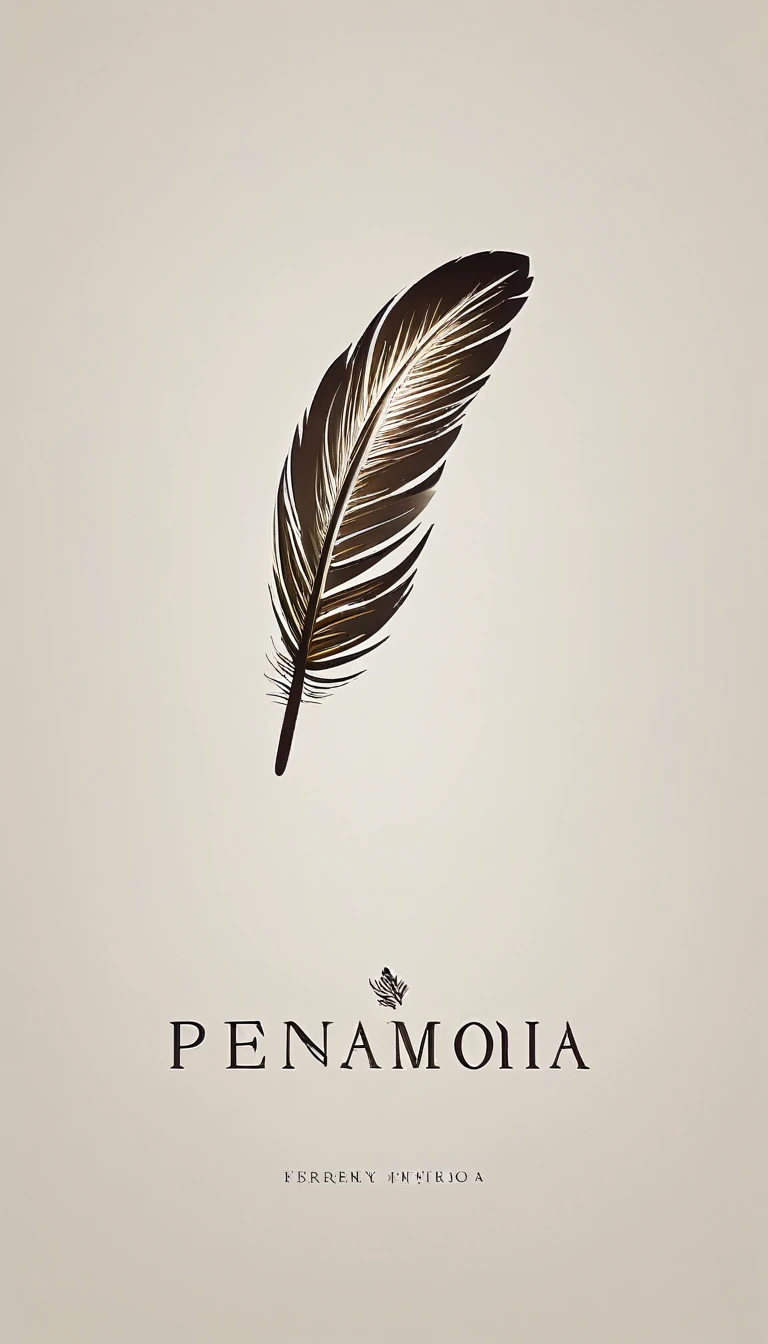 A minimal, modern, simple, cinematic logotype for the brand Penamemoria. The logotype must be a simple Memory Feather. Icon of a unique dreamy feather. The logo must convey a sense of music, stories and dreams. Logo design impressed on a book cover. Minimalistic logo and icon