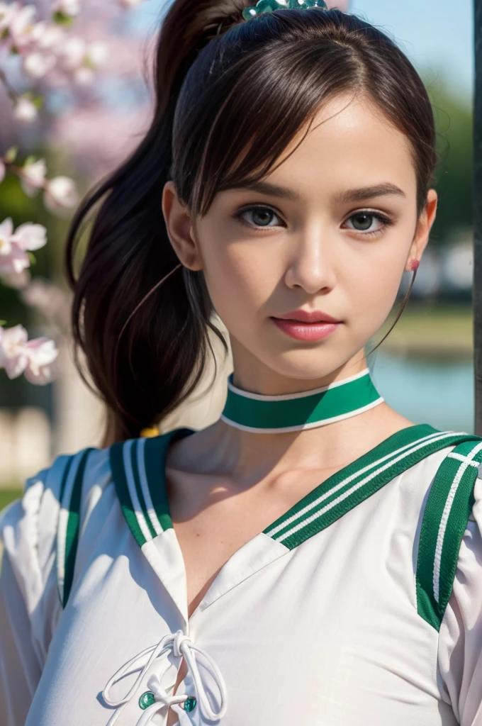 (masterpiece, Highest quality:1.4), (whole body:1.5), One girl, alone, Ham Jupiter, (Green Eyes), ponytail, (tiara:1.2), jewelry, (Sailor Warrior Uniform:1.5), Green sailor collar, choker, Elbow hand pockets, White gloves, Pink ribbon, brooch, White leotard, Green Skirt, Pleated skirt:1), Beautiful Face, Highly detailed face, Highly detailed eyes, Highly detailed skin, Skin pores, Scattered beneath the surface, Realistic pupils, Mid-chest, Sexy smile, Blush all over face, Fuller lips, Cherry blossom tree background, Scattered beneath the surface, Detailed Background, Depth of written boundary, Volumetric lighting, Sharp focus, Absurd, Realistic proportions, Excellent anatomy, (Realistic, hyperRealistic:1.4), 16k hdr,