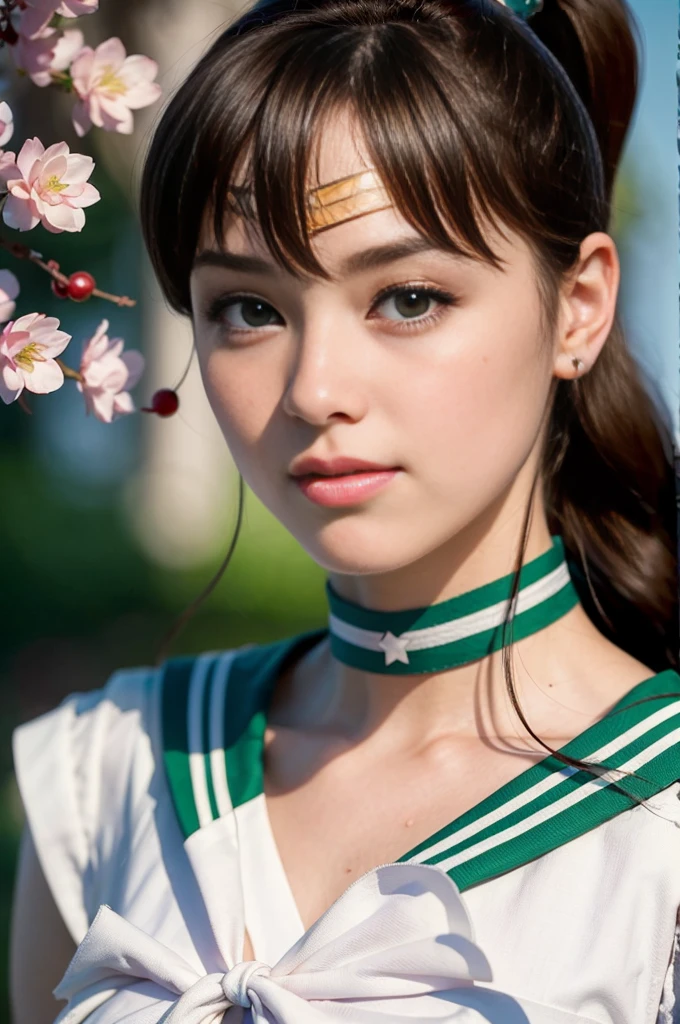 (masterpiece, Highest quality:1.4), (whole body:1.5), One girl, alone, Ham Jupiter, (Green Eyes), ponytail, (tiara:1.2), jewelry, (Sailor Warrior Uniform:1.5), Green sailor collar, choker, Elbow hand pockets, White gloves, Pink ribbon, brooch, White leotard, Green Skirt, Pleated skirt:1), Beautiful Face, Highly detailed face, Highly detailed eyes, Highly detailed skin, Skin pores, Scattered beneath the surface, Realistic pupils, Mid-chest, Sexy smile, Blush all over face, Fuller lips, Cherry blossom tree background, Scattered beneath the surface, Detailed Background, Depth of written boundary, Volumetric lighting, Sharp focus, Absurd, Realistic proportions, Excellent anatomy, (Realistic, hyperRealistic:1.4), 16k hdr,

