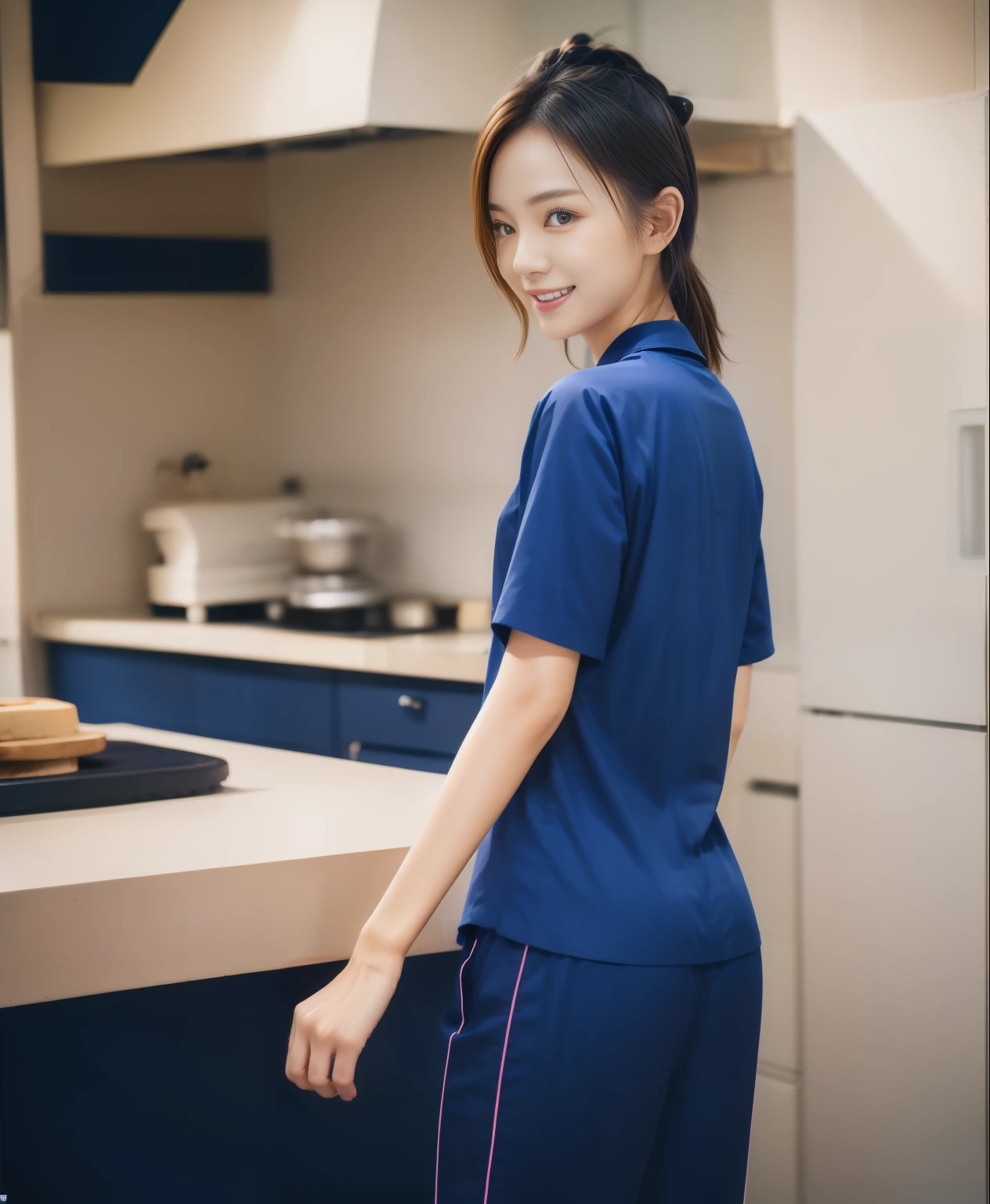 (best quality,10,10,height,Masterpiece:1.2),Special details,(realistic,ภาพrealistic,Realistic photos:1.37),1 Cute girl in the kitchen,shiny, ผิวshiny,only,smile softly,BDclothelue shirt:1.3)),short sleeve,shirt, กางเกงขาlong.,(navy_long_track pants:1.1), ((Kitchen Background)),Dynamic angle,excited,Face focus,dynamic poses,from behind,focus on ass,Masterpiece, best quality, ultra realistic, hyper detail, 8k resolution, raw photos, Sharp focus, ((Navy blue shirt:1.1)), short sleeve, เส้นทางlong, perfect body, 2 mature women, 18 years old, Cinema-grade lighting system,blue sweatpants,shirtผ้าออกกำลังกาย,correct anatomy,perfect body, correct body, Sharp face, correct bodyทางกายวิภาค, full body, realistic gestures, long-haired, realistic poses,Wear long shorts...........................,ช่วงขาlong,Good shape,carved girl, Slender figure, model, Good shape, beautiful body,blue sweatpants, two girls kissing