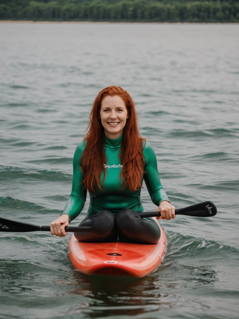 portrait, her name is Mia, high quality, 1 old woman, ((40-year-old guitar shaped body irish woman)), (((40 years old))), ((guitar shaped body)), wide hips, (wrinkled body), (old body), (((red hair))), (pale skin), ((green eyes)), she is wearing a wet suit, dynamic pose, smiling, BREAK, BACKGROUND: outdoor: paddle board