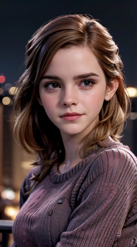 Emma Watson Photos, born, Beautiful woman, ((Portraiture)), ((detailed face:1.2)), ((detailed facial feature, detailed skin, Transparent muscle), (Perfectly balanced body), Kneel, Put your arms behind your head, (wearing a tight pink sweater & jeans) (high detailed city environment, Apartment balcony), (Realistic photos, Highest quality, detailed), (8k wallpaper), (Cinema Lighting, Dramatic lighting) (Sharp focus, Complex)