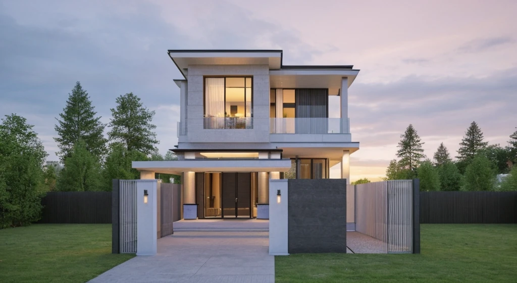 modern house, beautiful view, large windows, ((white wall)), (glass railings), surrounded by trees, lawn, (large sliding glass doors), linear straight line, sunset light, neutral colored lights, beautiful, cloudy sky, landscape, plain terrain, RAW photo, subject, 8k uhd, dslr, soft lighting, high quality, film grain, Fujifilm XT3