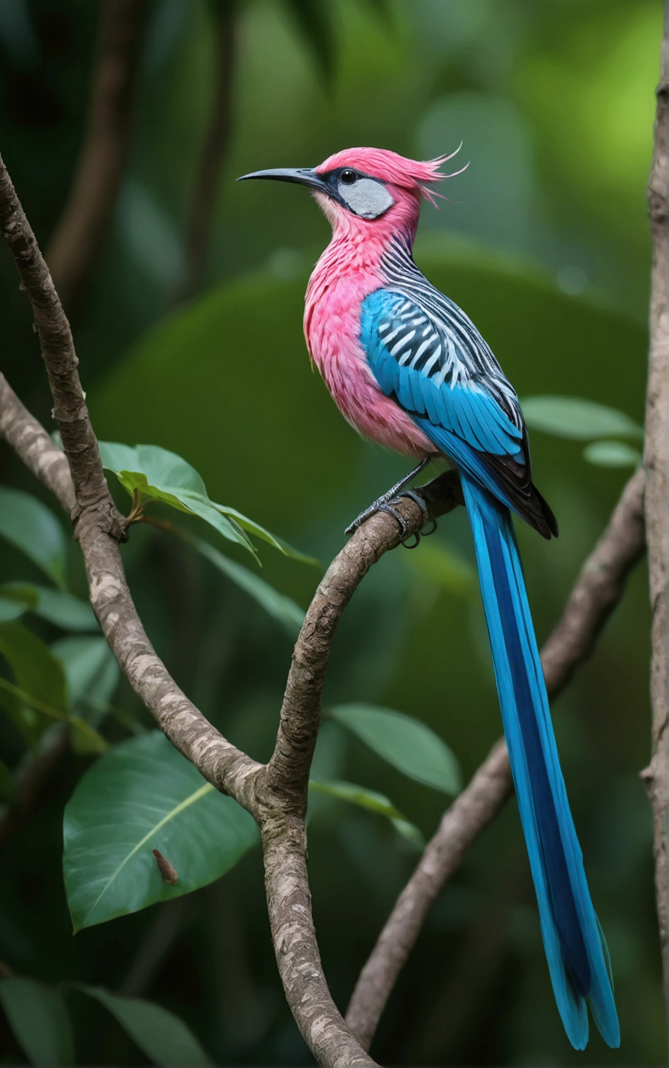 there is a large pink, blue, mottled striped bird in a beautiful landscape with tail, rare bird in the jungle, long tail, very beautiful and elegant, beautiful and elegant, long and elegant tail, captured in canon eos r 6, long tail, beautiful and graceful, long tails, by Sudip Roy, mischievous look, sitting on a curly branch, high-quality nature photography