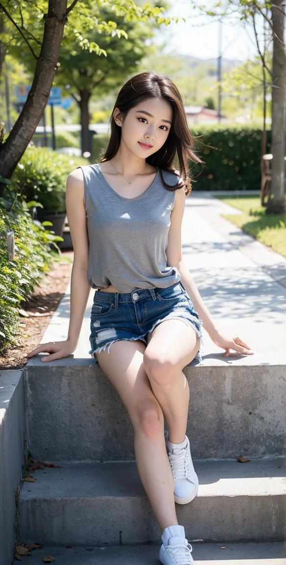 masterpiece, best quality, Surreal, Ultra Detailed, 8k resolution, RAW photos, Clear focus, (A girl in the forest), ((light gray shirt)), sleeveless, sports Shorts,, Solitary, Perfect body, Perfect body, Bangs to eyebrows、Beautiful brown hair、Beautiful and delicate eyes、Brown eyes、Raise an eyebrow、Bangs to eyebrows、Brown eyes、Raise an eyebrow、Tempting lips、Mouth slightly open、Beautiful breasts、Full body、Oval face,Phoenix Eyes,Eyebrow, Double eyelids, Long eyelashes, A faint smile, full-body shot:1.2,She has a pair of eyes as clear as water,Eyebrows are like distant mountains,Creamy skin,Lips like cherry blossoms,Legs as slender as willow branches, A faint smile, full-body shot:1.2,Dynamic poses,Playful and flirty pose,The calves are straight and thin:1.5,Wear high-end brand colored sneakers:1.5,The gentle goddess takes gentle steps,
32 inches in the chest,(a charming smile:1.2), (sexy pose),26 years old, light,White shoes,
