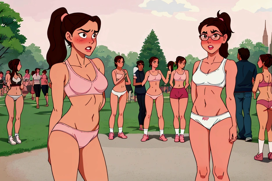 (1:girl) An 18 year old girl, BREAK ((clear and detailed face, nerd, dork, brown hair, ponytail hairstyle, (perfect anatomy), perfect five fingers, beautiful detailed hair, brown hair, slim legs, medium breast, big dips, brown eyes, authentic skin texture)) ((She is standing in the middle of a crowd, in a busy public park (outdoors), wearing only cute and comfy white cotton panties and a cute, pink sports bra, only wearing white ankle socks)) ((Super fine illustration, highly detailed beautiful face and eyes, (masterpiece:1.2), (best quality:1.2), very precise detailed, highres, (long distance shot), (Masterpiece)), (Super detailed), Top quality, High quality, High resolution, (Complete anatomy), cuerpo completo en escena, cute panties, cute sports bra, standing in the middle of the crowd, full body view, add people in the background, babydoll underwear, full body view, crowd looking at her, laughing at her and taking pics of her. Crowd looking at her, full body view, more environment view, long distance shot, front shot, clear face, (embarrassed, panicking, shy, full-face blush, open mouth, parted lips:1.3)))