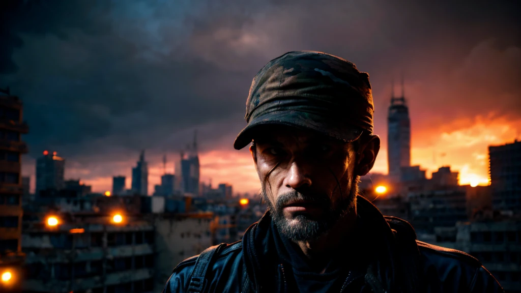 a weathered sniper on the rooftop of an abandoned building, camouflage, extremely detailed face, intense eyes, detailed tactical gear, gritty urban environment, moody lighting, cinematic composition, dramatic shadows, photorealistic, 8k, masterpiece, realistic