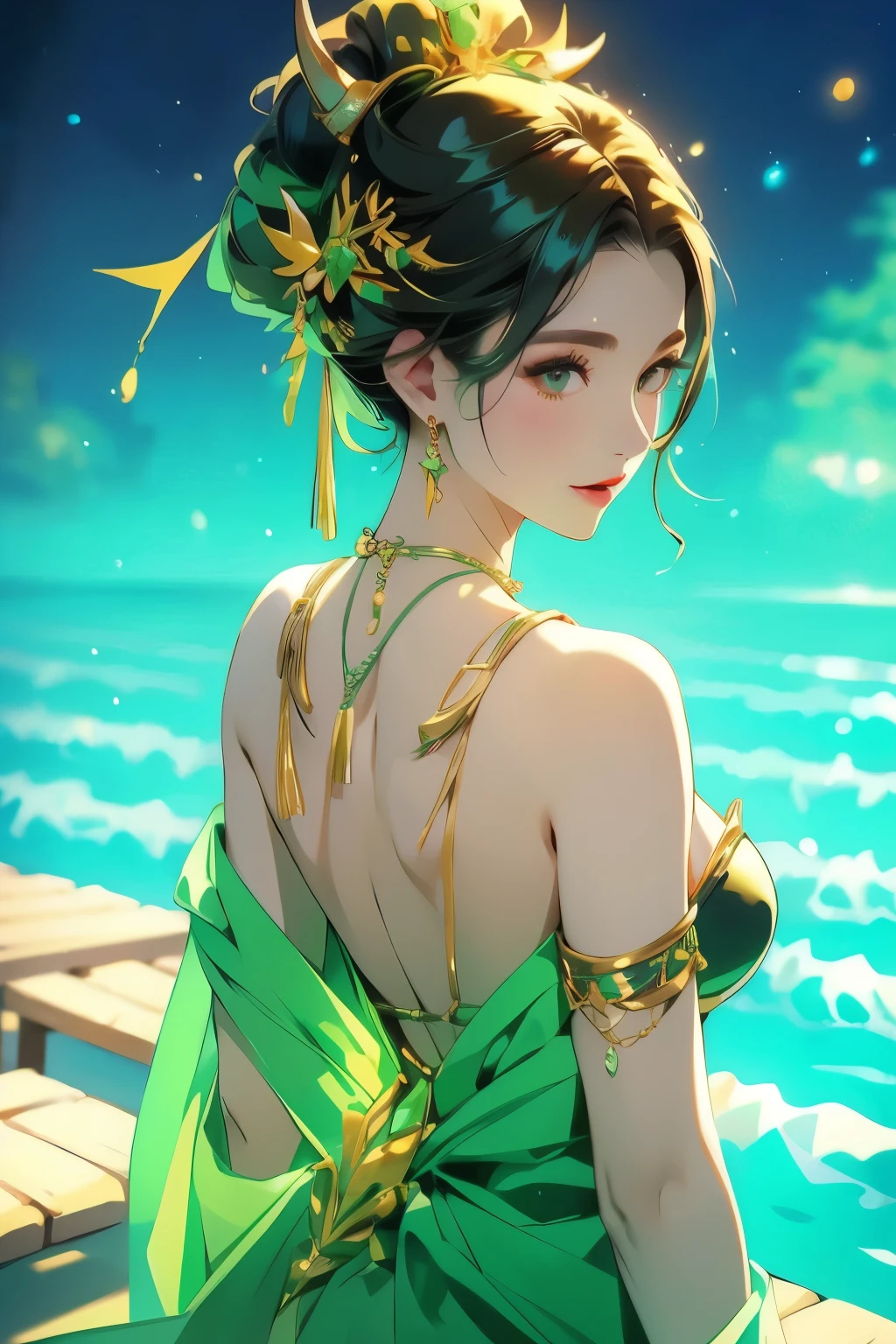 One woman、Gorgeous green swimsuit、,race,Black Hair、Short bun hair、hair ornaments、necklace、back、Golden devil horns、Anatomically correct,、Night beach、Night Pool