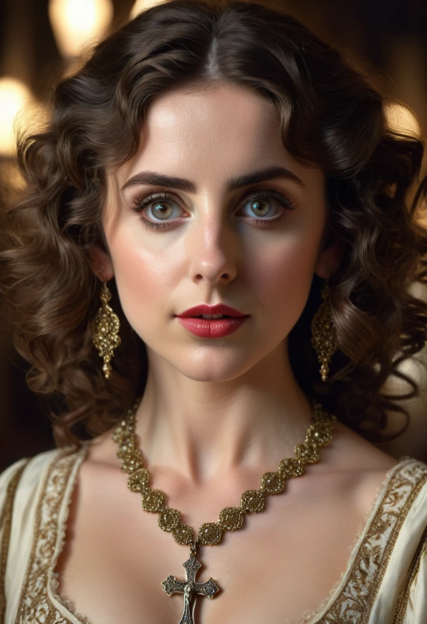 A beautful jewish women with a thick bush unibrow and a large bulbous nose. brown hair that is extremy curly and kinky, Traditional jewish dress. Ultra HD, with Rococo he symmetrical face, photorealistic photography, path tracing, specular lighting, and volumetric face light enhance the details. The scene is captured in maximum quality, masterpiece, 8K high resolution, and top quality.Alison Brie. Epc lighting, striking silhouette. crucifix necklace. Doe eyes. The epitome of old wpr;d beauty and charm. The symmetrical face, photorealistic photography, path tracing, specular lighting, and volumetric face light enhance the details. The scene is captured in maximum quality, masterpiece, 8K high resolution, and top quality. style of H. A. Brendekilde
