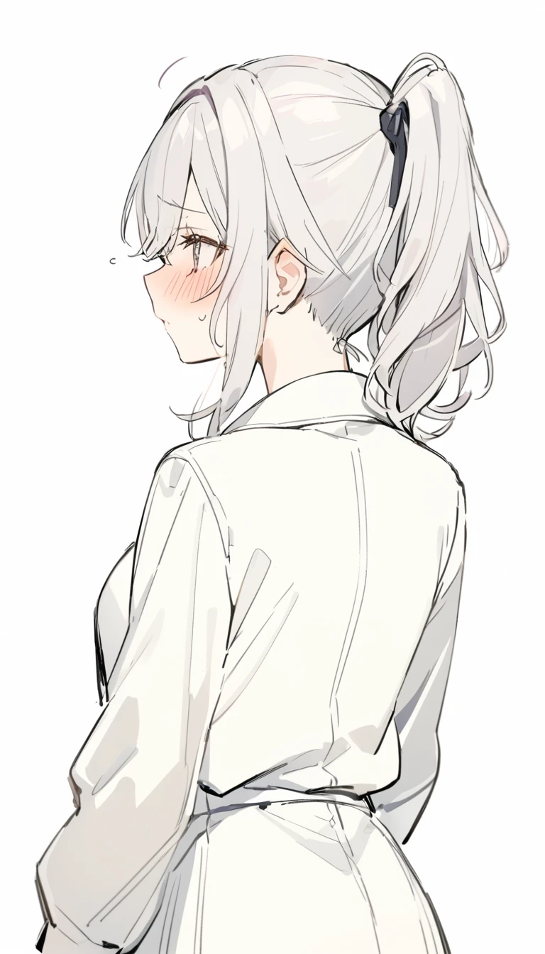 Alya Mikhailovna, One solo girl, seiren , ashamed blush, back view, side view of face, simple lines, , ponytail, white background