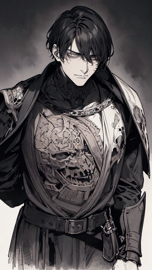 Best quality, (background_detail), high_contrast, detail_original_illustration, warrior, muscular, villain face, armored, full_body, medieval, crease between eyes, young man, man in 20s, dark_stitch_landscape, (dramatic_lighting:1. 25), (shaded_background:1.2), black_hair, (short black hair:) 1.1 ), Large figure, Delicate face, Evil smile, Sharp eyes, Black background, (Black background:1.5), Beautiful line drawing, Black and white