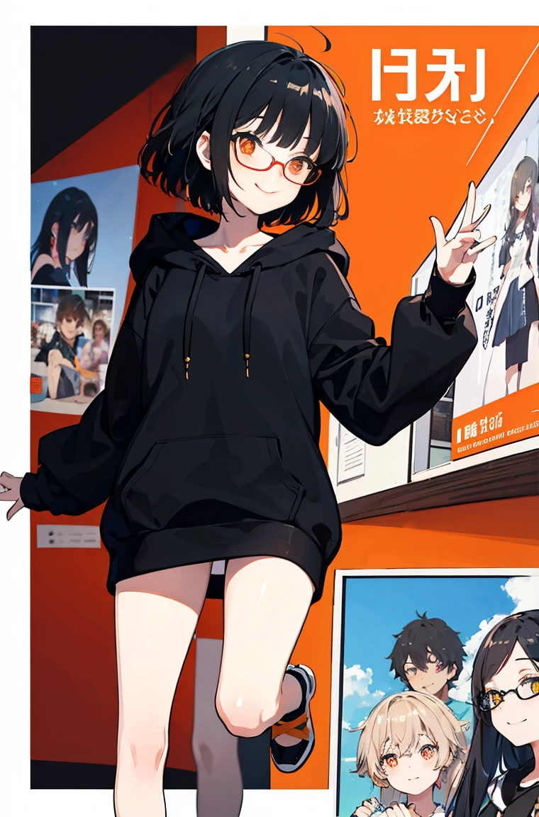 A masterpiece,Black hair,Hair Bunch,Side face,Messy hair,Smile slyly,Orange pupils,Font,poster,jump,,Hair Bunch,Black shallow frame glasses,Black Hoodie,Dress fashionably,Standing picture,laid back,best quality, Illustration style,Large aperture portrait, Anime Girl, beautiful eyes, summer,, small, Heartwarming, Youthful and beautiful,,Regular Clothes,Black and white,, showing a natural casual style. Dynamic posture contains the golden ratio, China, White space, Strong contrast between light and shadow, Super texture, Super clear and concise pictures, presenting extremely beautiful,subtle facial expressions