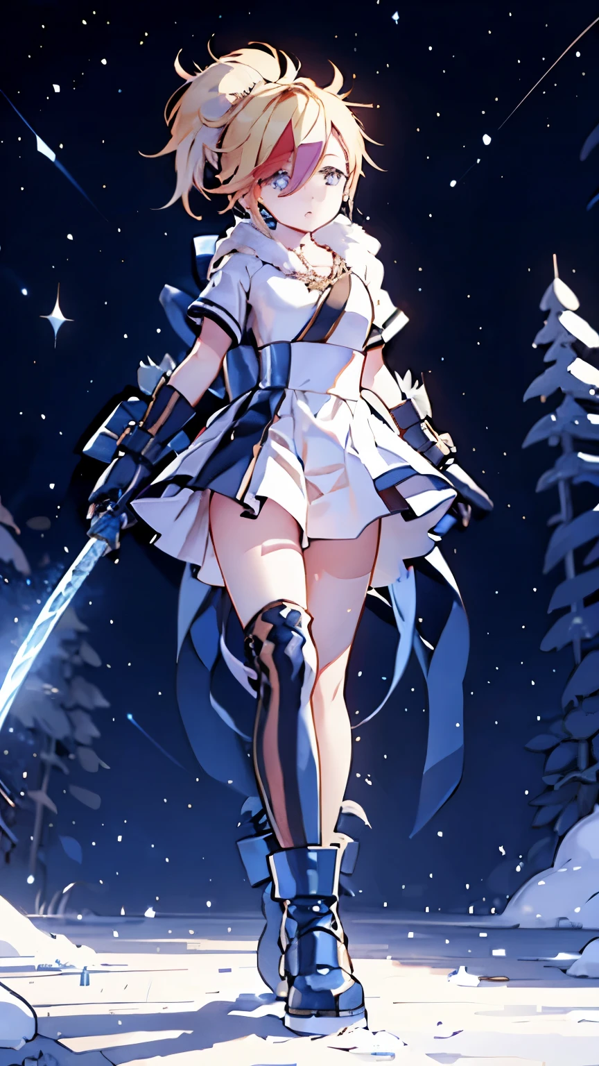 1 girl, ultra long hair, ultra detailed face, glowing lips, glowing blue eyes, very long ponytail, elegant walk, catwalk, holding down a  giant katana, blonde, long eyelashes, long boots , looking to the sky, starry sky, a ultra giant katana 