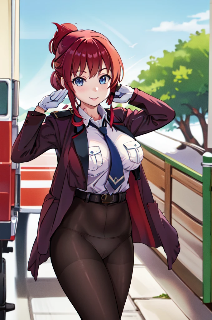masterpiece, best quality, highres, aoi1, 1girl, solo, red hair, folded ponytail, blue eyes, necktie, white gloves, police uniform, belt, black pantyhose, jacket, armband, large breasts, smile, salute, outdoors, panties under pantyhose,