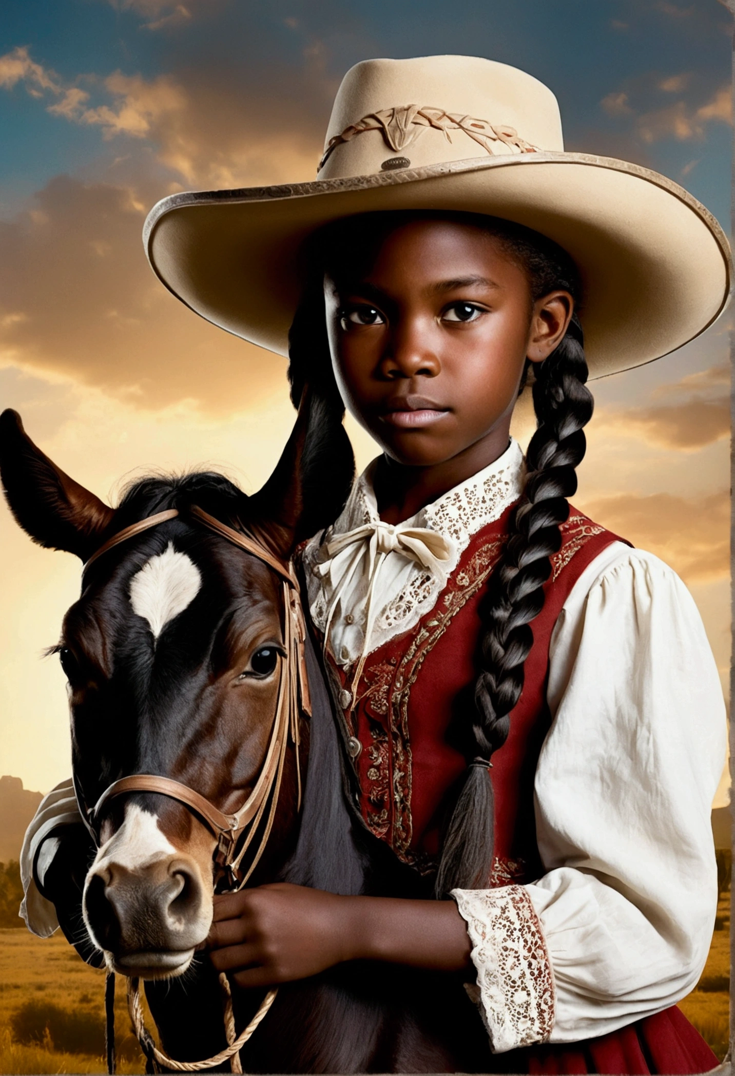 creative western film cover style old photograph with a young African girl aged 9, long braided hair, darkskin, western film character, she is riding a limousin ox, she has a bow, com olhos castanhos, 精致的面容, she is wearing a hat and is in a saloom, she&#39;s holding a winchester rifle, ultra realist, meticulously detailed, wearing period clothes with white lace. she is holding a winchester. The image is an old western film cover. insert a limousin cattle into the scene, and a horse