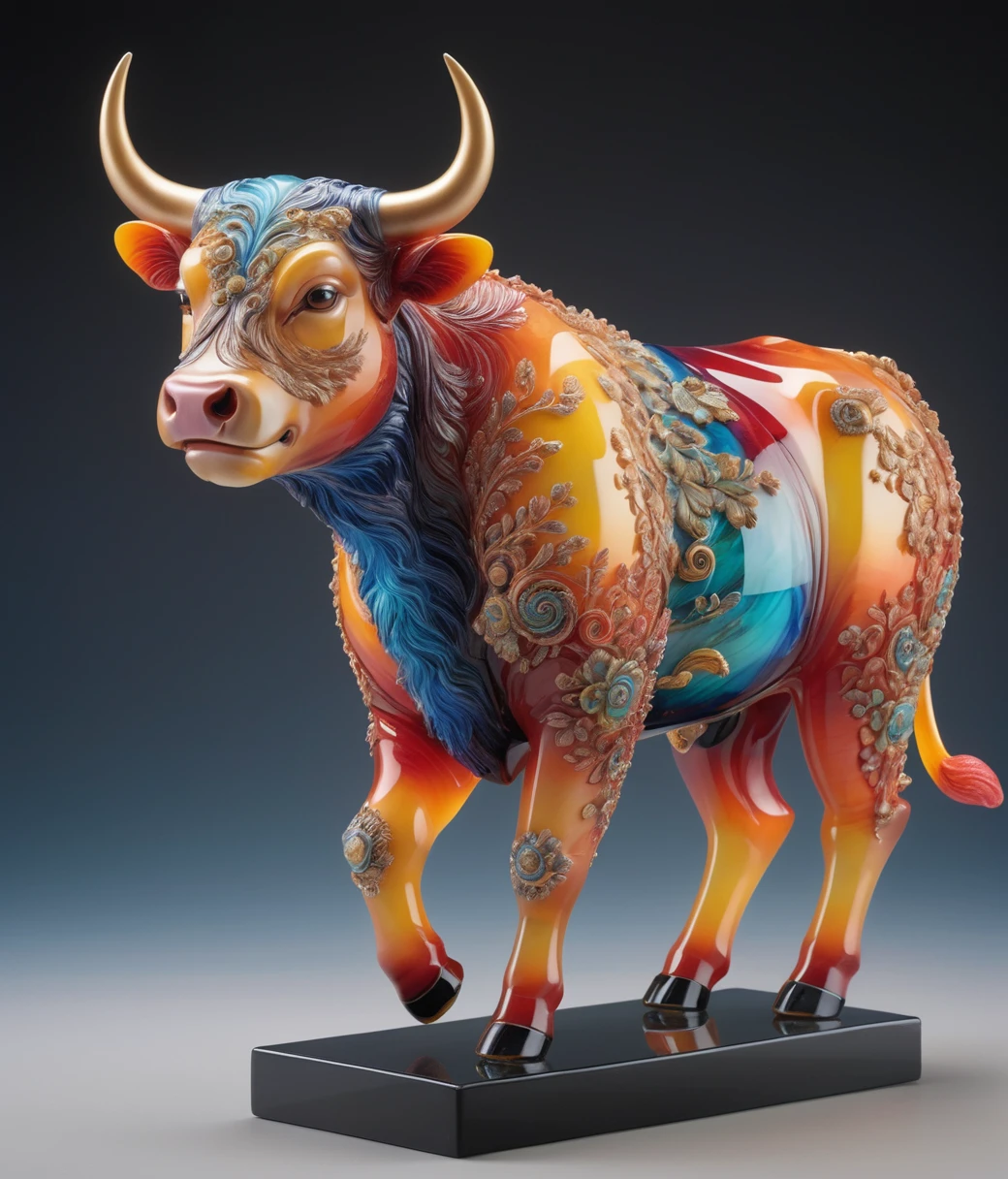 A detailed and vibrant glasssculpture, chubby male anthro bull cub in a fantastical landscape with vibrant colors and intricate details, rendered in an art style that mixes realism with elements of surrealism, done by artists such as Ruan Jia and Yoshitaka Amano.