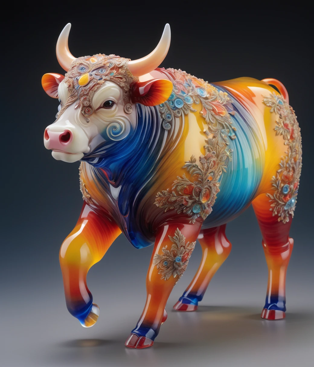 A detailed and vibrant glasssculpture, chubby male anthro bull cub in a fantastical landscape with vibrant colors and intricate details, rendered in an art style that mixes realism with elements of surrealism, done by artists such as Ruan Jia and Yoshitaka Amano.