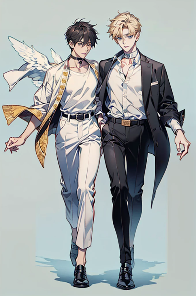 ((full body: 2)),((tachi-e:2.0)), ((UHD, masterpiece, super detail, best quality, highres, 8k)), (detailed line art), perfect face, perfect body, perfect hands, perfect feet.
Humans, around 20 years old, (2 males: 2.0), male idols, (simple background, magazine cover style: 1.5).
Features of the first person
gentle atmosphere, standing on the right side, looking this way (light brown hair close to gold, short hair upturned eyebrows, droopy eyes, light blue eyes, thin lips), (male idol style clothing, white top, dress shirt, shirt with exposed collarbone, no jacket, fluffy shirt, ribbon decoration, white pants, high-waisted pants, white belt, white shoes), (ribbon choker, white choker), (angelic atmosphere: 0.5), (facing forward).
Features of the second person
cool atmosphere, standing on the left side, looking this way (black hair, short hair upturned eyebrows, upturned eyes, light blue eyes, thin lips), (male idol style clothing, black top, high-neck shirt, short jacket, neat jacket, belt decoration, black pants, black belt, black shoes, black earrings), (devilish atmosphere: 0.5), (facing forward).
