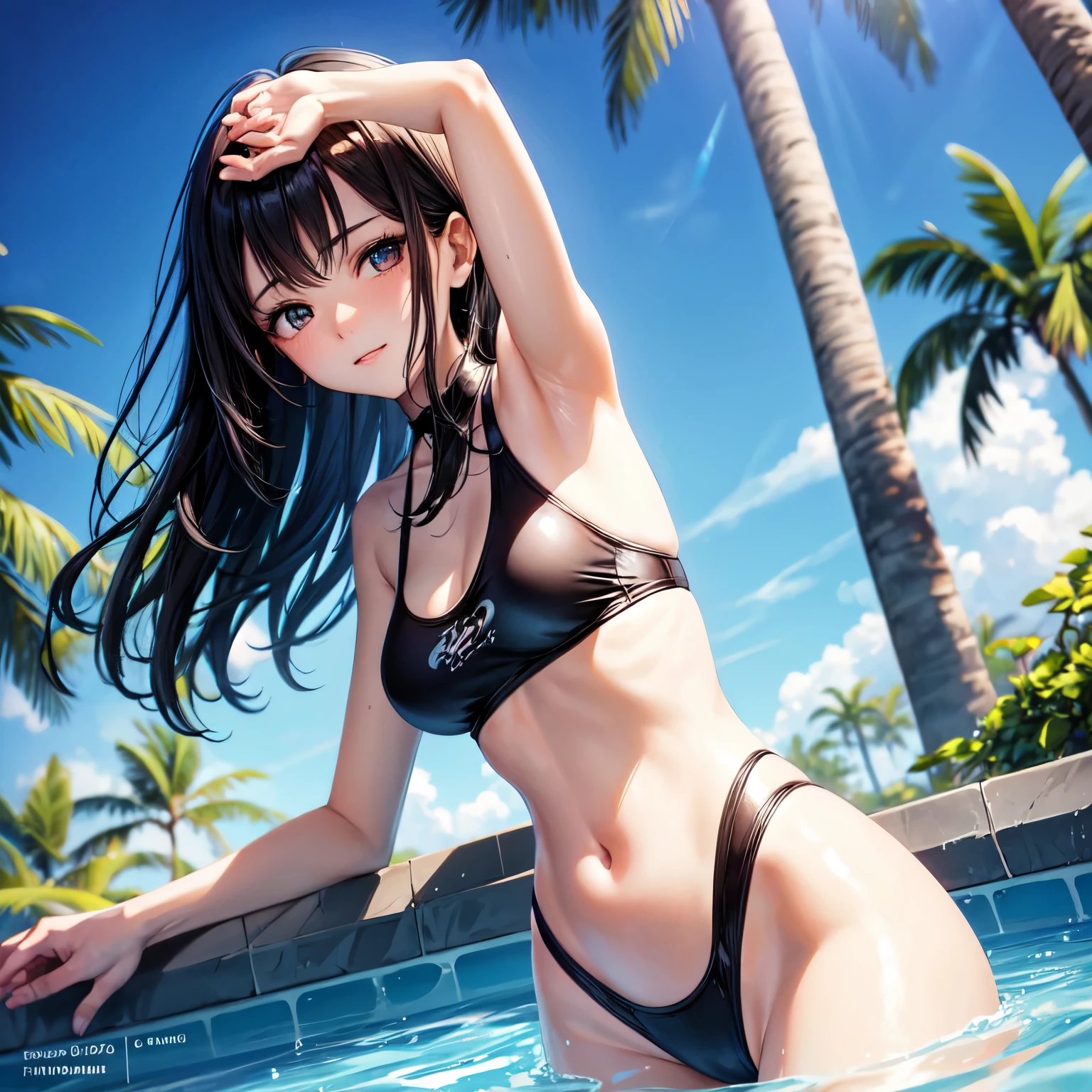 (4K,masterpiece,best quality,ultra detailed),(from below,from behind),center of frame,(daylight,bloom),female,(age),(medium hair,silky hair,straight hair,black hair),(beautiful detailed face,beautiful detailed eyes,finely detailed skin,beautiful medium breast,medium beautiful small hip,fair skin),light smile,shy,(one piece competition swimsuit),in a pool,