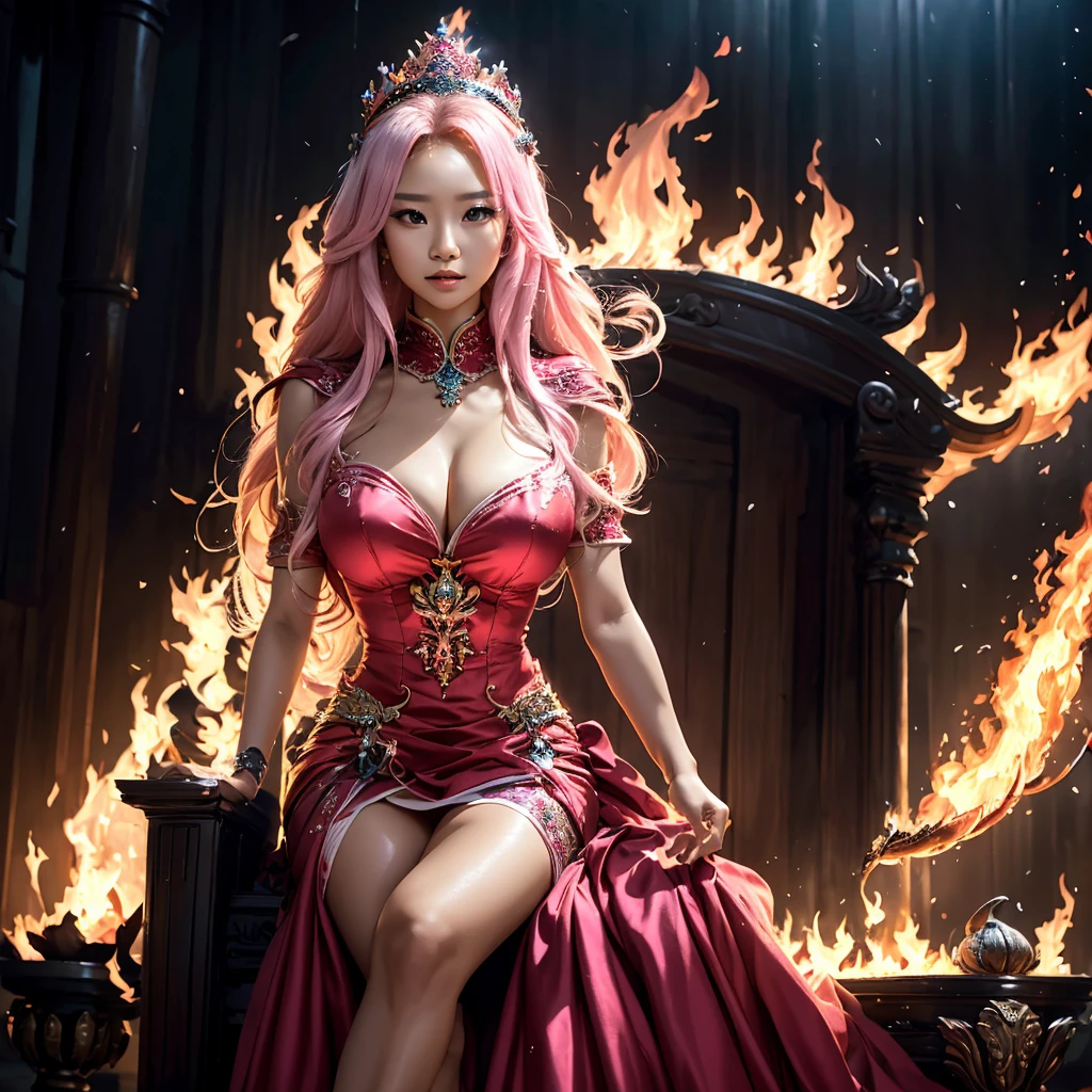 The beautiful Indonesian 22 old lady with stunning longest hair crown windblown. Dressed in pink-white-red luxury queen Dress, long legs holding a magical fire element while sit on the throne in the flame castle with blizzard firestorm view, Surrounded by kings dragon. Wide full view realistic.