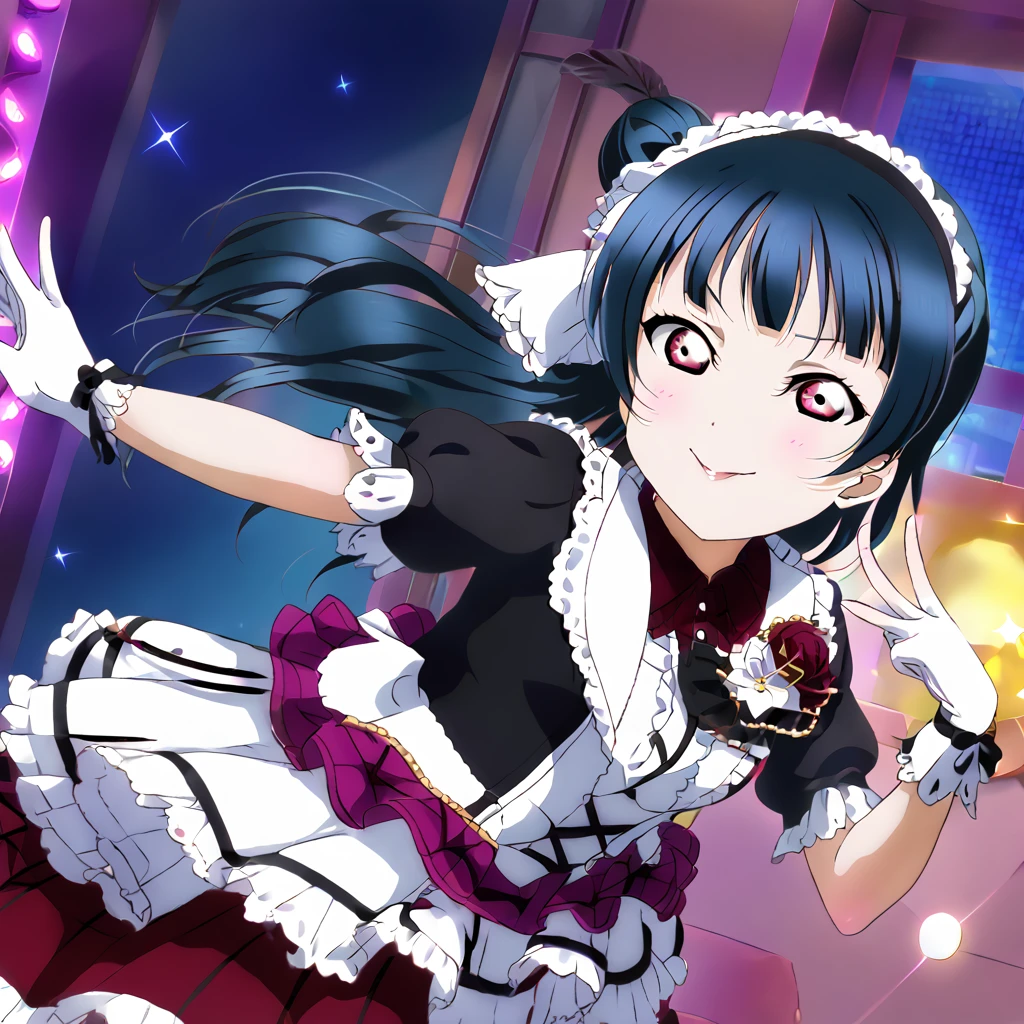 Yoshiko Tsushima、Love Live Sunshine、Red eyes、Long Hair、Blue Hair、smug face、whole body、present、Embarrassing、Red cheeks、Gothic Lolita、night、neon、Cover your right eye with a peace sign