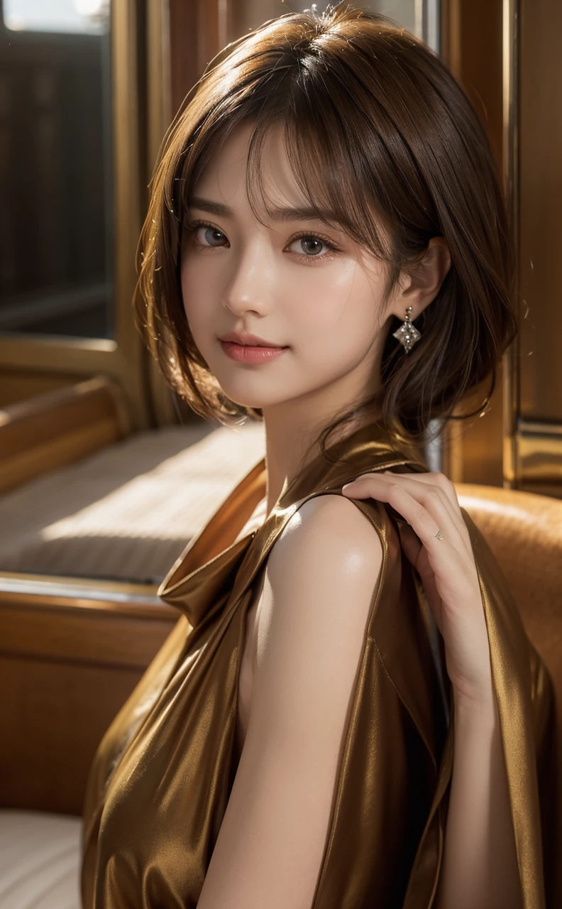 ((Best quality, 8K, masterpiece: 1.3)), full body, clear focus: 1.2, perfect body beauty: 1.4, slim abs: 1.2, (((dark brown hair,: 1.2)), dress dress: 1.1, (railway carriage: 1.1), highly detailed facial and skin texture, exquisite eyes, wearing gem earrings, off-the-shoulder, in the dark, dark, deep shadows, excellent light and shadows, soft lighting, natural light, soft shadows, warm light, side strong lighting, golden or warm hair, natural color, detailed skin texture, reflective earrings, eye gloss, details and reflective hair, warm background tones