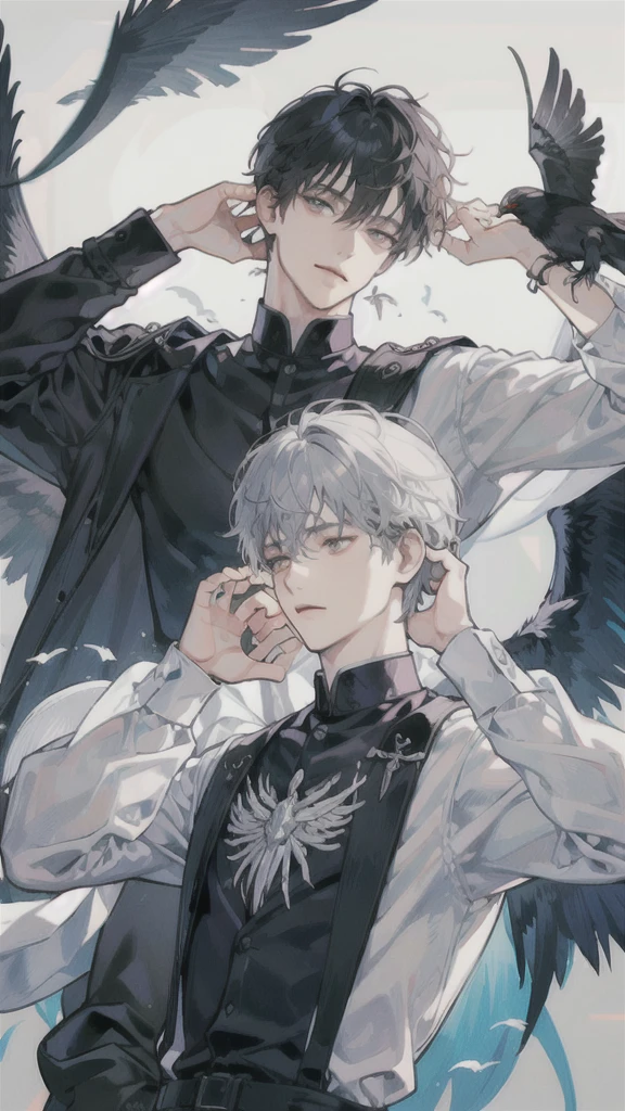 man, side face, wings white behind him, angel, both hands on his head, evil, crows
