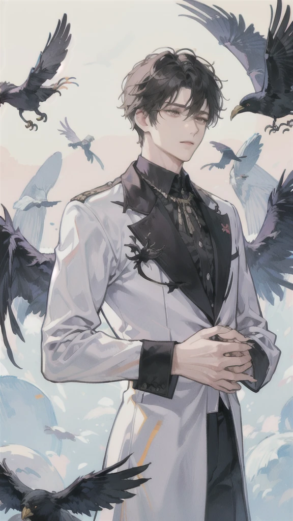 man, side face, wings white behind him, angel, both hands on his head, evil, crows
