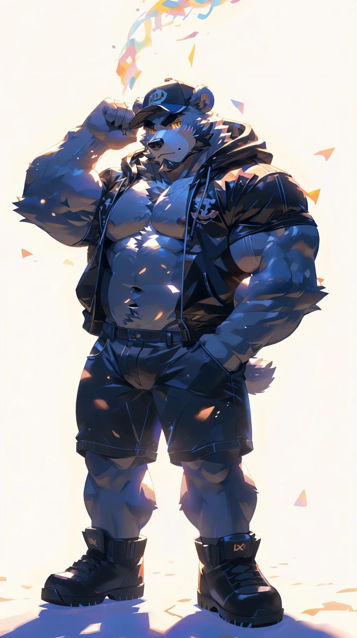 (masterpiece:1.2), best quality,pixiv,official art,perfect anatomy, (Ray tracing, light),solo, (1_male:1.3) , (muscle), (grey fur:1.4), (muscle bear), (beard:1.2), (gleaming golden eyes), bear tail, full body, Thick black eyebrows, baseball cap, (open short hoodie), (naked inside),Ripped short jeans, black short boots, (pure white background: 1.3),muscle