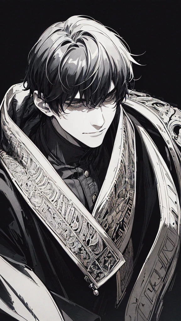 Best quality, (background_detail), high_contrast, detail_original_illustration, warrior, muscular, villain face, armored, full_body, medieval, crease between eyes, young man, man in 20s, dark_stitch_landscape, (dramatic_lighting:1. 25), (shaded_background:1.2), black_hair, (short black hair:) 1.1 ), Large figure, Delicate face, Evil smile, Sharp eyes, Black background, (Black background:1.5), Beautiful line drawing, Black and white