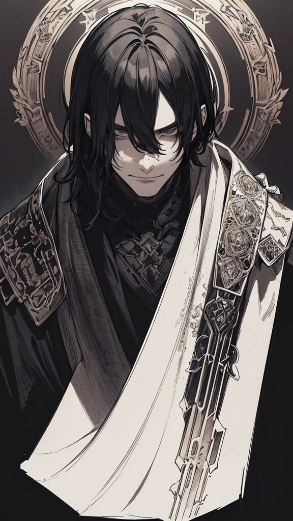 Best quality, (background_detail), high_contrast, detail_original_illustration, warrior, muscular, villain face, armored, full_body, medieval, crease between eyes, young man, man in 20s, dark_stitch_landscape, (dramatic_lighting:1. 25), (shaded_background:1.2), black_hair, (short black hair:) 1.1 ), Large figure, Delicate face, Evil smile, Sharp eyes, Black background, (Black background:1.5), Beautiful line drawing, Black and white