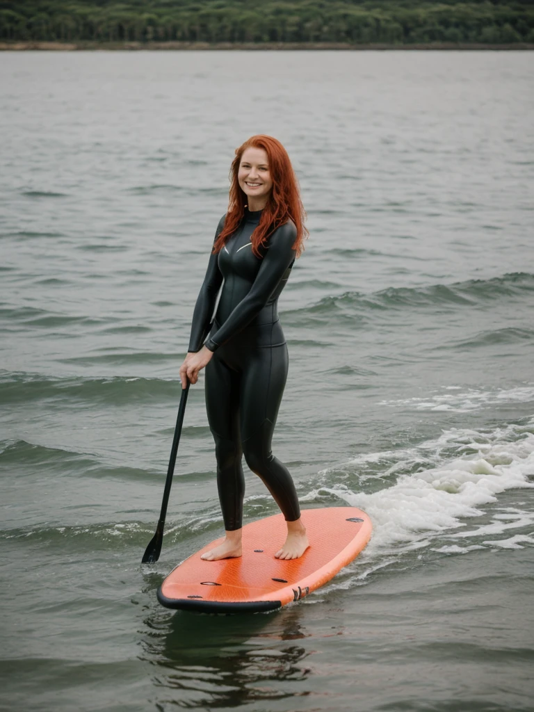 portrait, her name is Mia, high quality, 1 old woman, ((40-year-old guitar shaped body irish woman)), (((40 years old))), ((guitar shaped body)), wide hips, (wrinkled body), (old body), (((red hair))), (pale skin), ((green eyes)), she is wearing a wet suit, dynamic pose, smiling, BREAK, BACKGROUND: outdoor: realistic paddle board