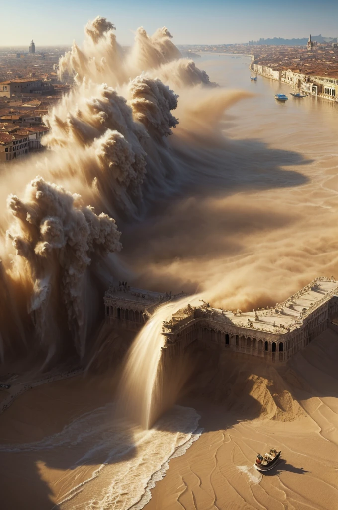 masterpiece, best quality, extremely detailed, hyperrealistic, photorealistic, the scene of venice, sandstorm:1.1, tornado:1.1, vortex, wave, aerial view shot, giant fountain
