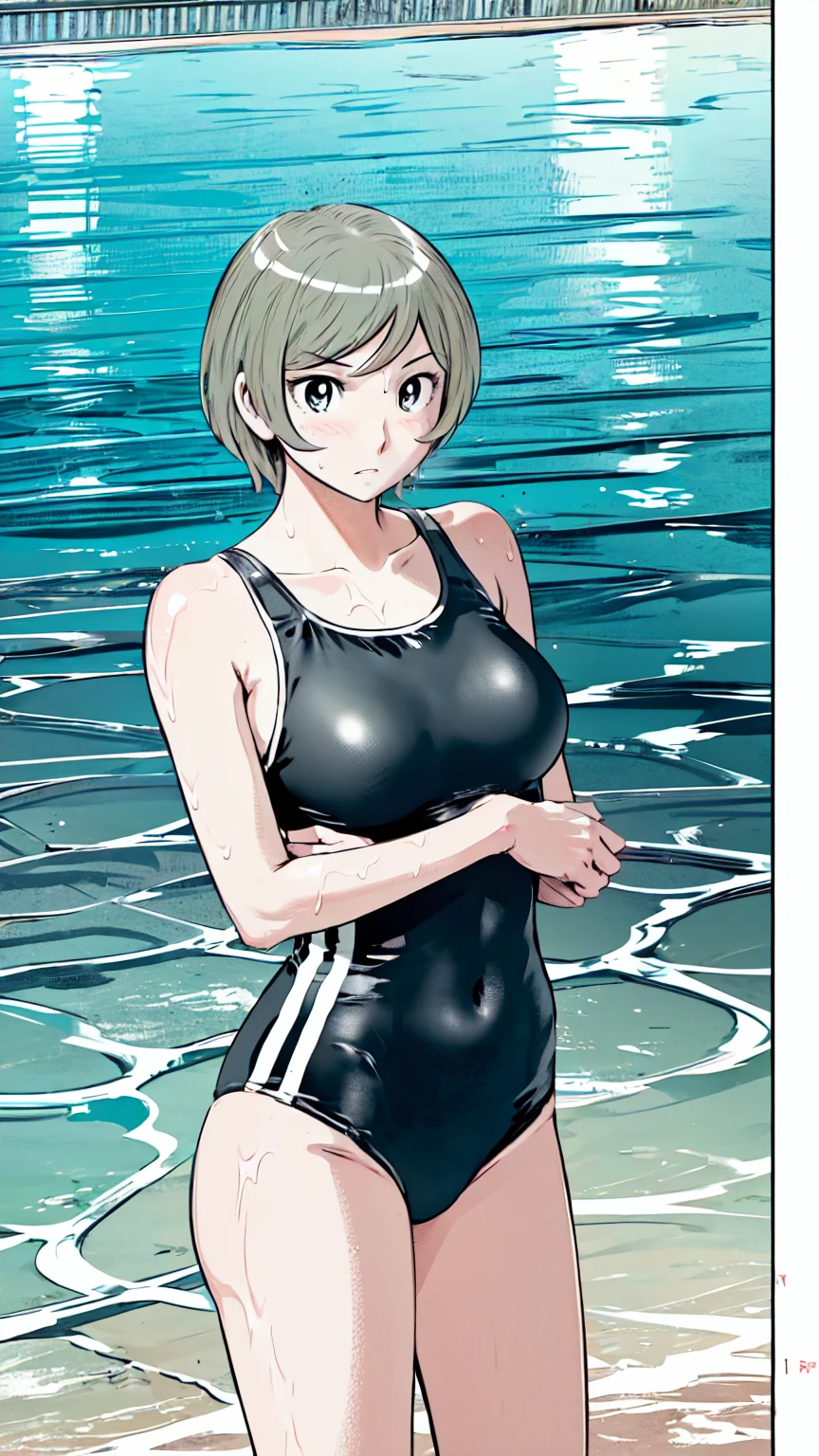 Blonde, (short hair:1.2)、((Illustration of a person))、Big Breasts、
View your viewers,, (Highest quality:1.3),Blue Eye Star Piece、Highest quality)、Highest quality, Ultra-high resolution, (((masterpiece))), alone, Sweat、Big eyes、Big Breasts、One Girl, Front view、Embarrassed face、Bronze colored hair、((short hair))、One Girl, alone, blush, Big Breasts,
Bare arms, Wet, Pool, 青いSchool Swimsuit, Thighs, Place your arms at your sides, Bare arms, Cowboy Shot, Are standing, School Swimsuit,bite、High Leg、mansuji