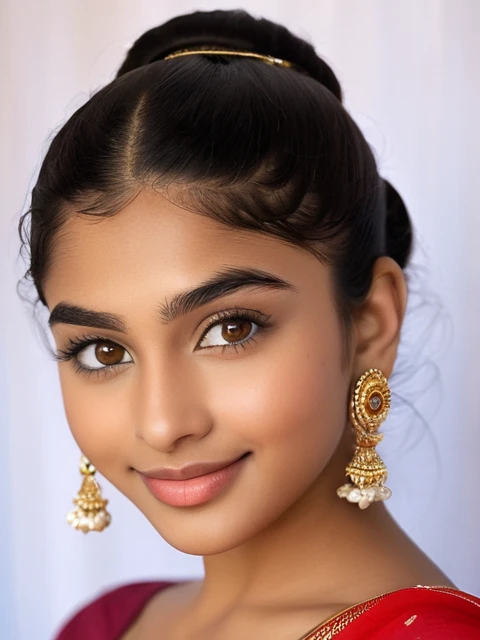 Maya is 18 year old indian girl. Maya stands tall at 70 inches (178 cm) and weighs 180 pounds (82 kg). Her chest measures 44 inches (112 cm), waist 38 inches (97 cm), and hips 46 inches (117 cm). She has intense hazel eyes that reflect her strong spirit, framed by thick, naturally arched eyebrows. Her broad and prominent nose adds to her distinctive look. Maya's full, expressive lips often wear a confident smile. Her medium-sized ears are adorned with simple earrings. Her thick, wavy, dark brown hair is often styled in a loose bun. Her deep tan skin tone gives her a powerful presence. Maya's tall and robust build commands attention, and her warm smile makes her approachable and friendly , sitting on the chair 