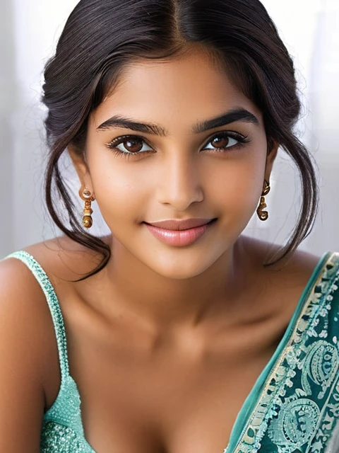 Maya is 18 year old indian girl. Maya stands tall at 70 inches (178 cm) and weighs 180 pounds (82 kg). Her chest measures 44 inches (112 cm), waist 38 inches (97 cm), and hips 46 inches (117 cm). She has intense hazel eyes that reflect her strong spirit, framed by thick, naturally arched eyebrows. Her broad and prominent nose adds to her distinctive look. Maya's full, expressive lips often wear a confident smile. Her medium-sized ears are adorned with simple earrings. Her thick, wavy, dark brown hair is often styled in a loose bun. Her deep tan skin tone gives her a powerful presence. Maya's tall and robust build commands attention, and her warm smile makes her approachable and friendly , sitting on the chair