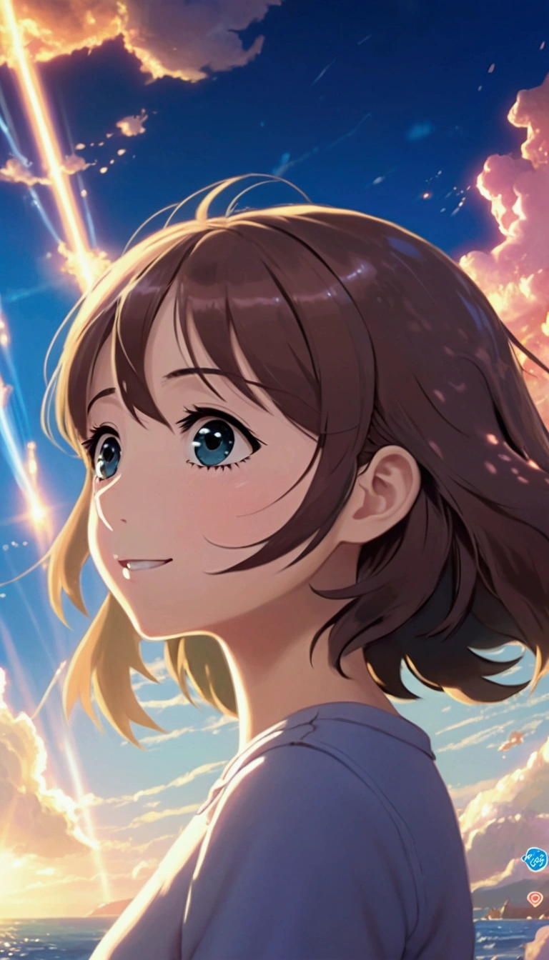 Anime Style, Long-haired girl looking at the sea, profile, Ocean Background, Big eyes, beautiful, City pop fashion, The sea spreads out before your eyes