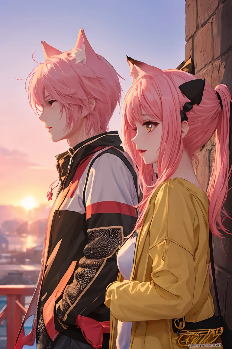 (score_9,score_8_up,score_7_up,score_6_up,score_5_up,score_4_up),masterpiece, top quality, best quality, official art, beautiful and aesthetic, animation,Anime style,, , 1girl with cat ear, perfect figure, pink hair, complicated details, cyberspace, male brother made suggestions, female showed a positive attitude ,