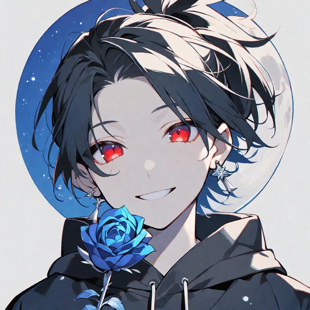 solo, handsome, monotone,
1. male,
Hime cut,Straight Hair,Bob Hair, ponytail,
black hair,
Nakano Yotsuba,
red Eyes,Soft look,beautiful,beautiful,Darkness,Lots of silver earrings,blue rose tattoo,
black hoodie ,smile,skin,
simple background,
moon,star sky,icon,Face up,