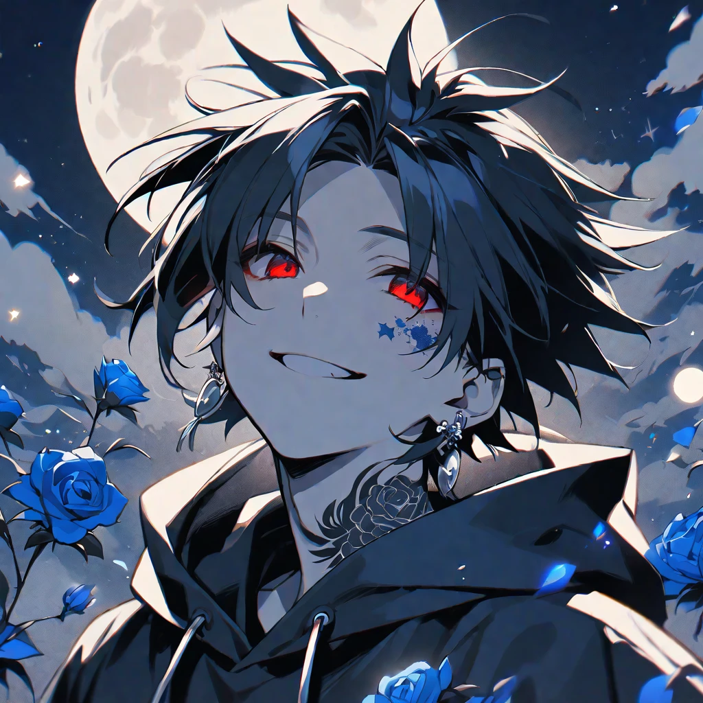 solo, handsome, monotone,
1. male,
Hime cut,Straight Hair,Bob Hair, ponytail,
black hair,
Nakano Yotsuba,
red Eyes,Soft look,beautiful,beautiful,Darkness,Lots of silver earrings,blue rose tattoo,
black hoodie ,smile,skin,
simple background,
moon,star sky,icon,Face up,