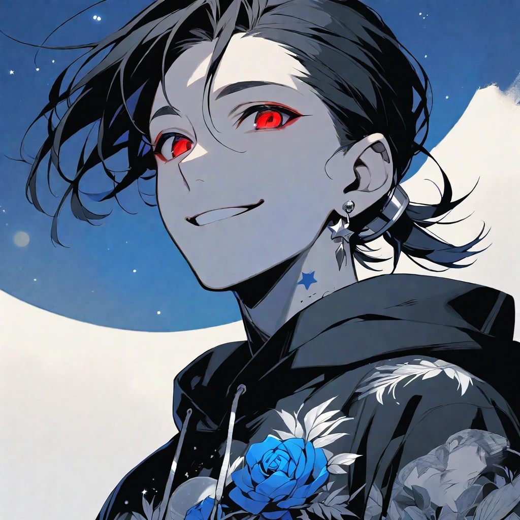 solo, handsome, monotone,
1. male,
Hime cut,Straight Hair,Bob Hair, ponytail,
black hair,
Nakano Yotsuba,
red Eyes,Soft look,beautiful,beautiful,Darkness,Lots of silver earrings,blue rose tattoo,
black hoodie ,smile,skin,
simple background,
moon,star sky,icon,Face up,