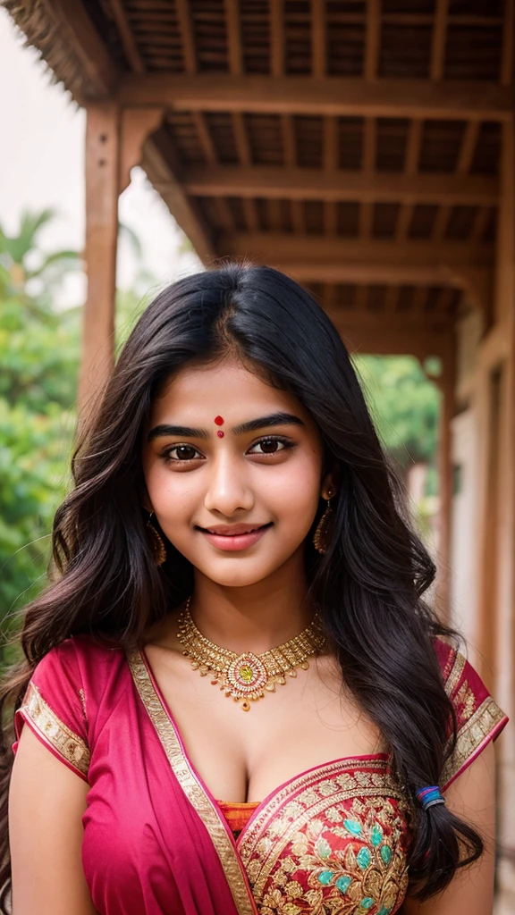 beautiful cute young attractive indian teenage girl, village girl, 18 years old, cute, Instagram model, long black_hair, colorful hair, indian, big breasts, little smiling, smooth face very realistic