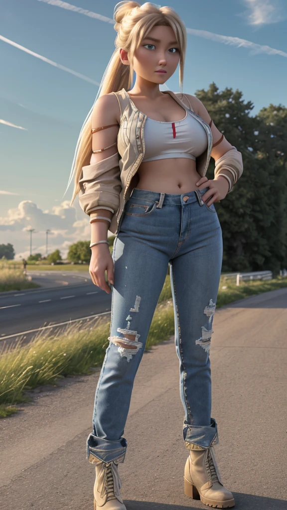 high resolution、high quality、masterpiece、detailed、Blonde、ponytail、Large white ribbon、White tank top、Open your chest wide、Burstingly Big Breasts、Put on your Air Force jacket、Belly button exposed、High leg cut jeans、Bare legs、Thick-soled boots、highway、blue sky、cumulonimbus、