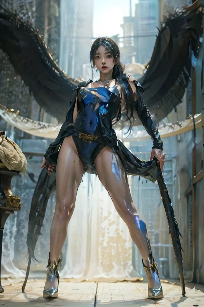 A 30-year-old Asian female gladiator poses for a photo，Tall and sexy，Mature and charming，Lewd exposure ，Sweaty and sweaty，Shiny muscle lines，Large Breasts，Big Ass，Camel toe，Nipple protrusion，Having sparse body hair，NSFW，Release liquid，Wear sexy super high heel boots，The charming and seductive queen holding a big sword