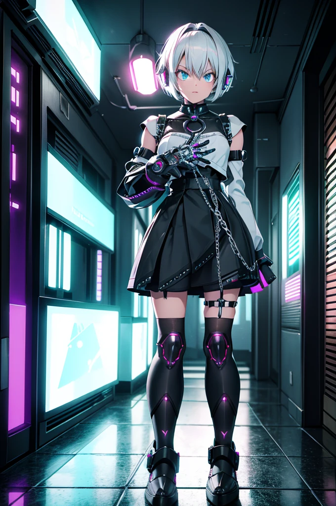 Android Girl,white hair,short and messy hair, purple neon eyes, Holding a chain whip,chains on the hands,chains action, chains around her arm, very cute, skirt, white blouse, cyberpunk style, eletronic gloves, mecanic parts, eletronic details,living room background.HD lighting and dark )(epic image quality) dark atmosphere with bright particle light(many effects in background), dinamic shot, robot, neon tweaks, cyberpunk theme