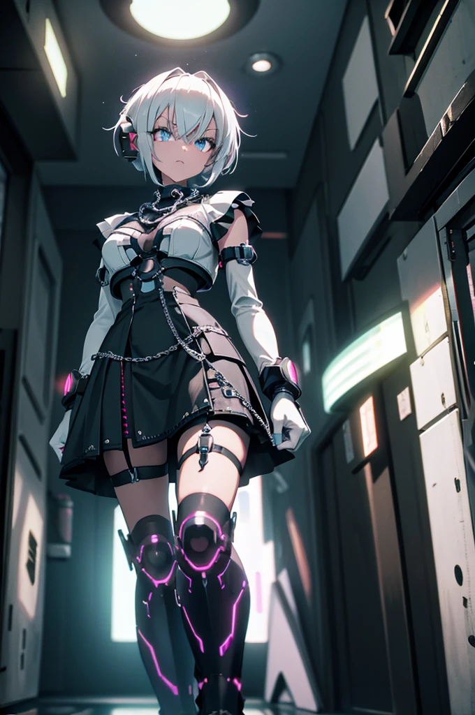 Android Girl,white hair,short and messy hair, purple neon eyes, Holding a chain whip,chains on the hands,chains action, chains around her arm, very cute, skirt, white blouse, cyberpunk style, eletronic gloves, mecanic parts, eletronic details,living room background.HD lighting and dark )(epic image quality) dark atmosphere with bright particle light(many effects in background), dinamic shot, robot, neon tweaks, cyberpunk theme