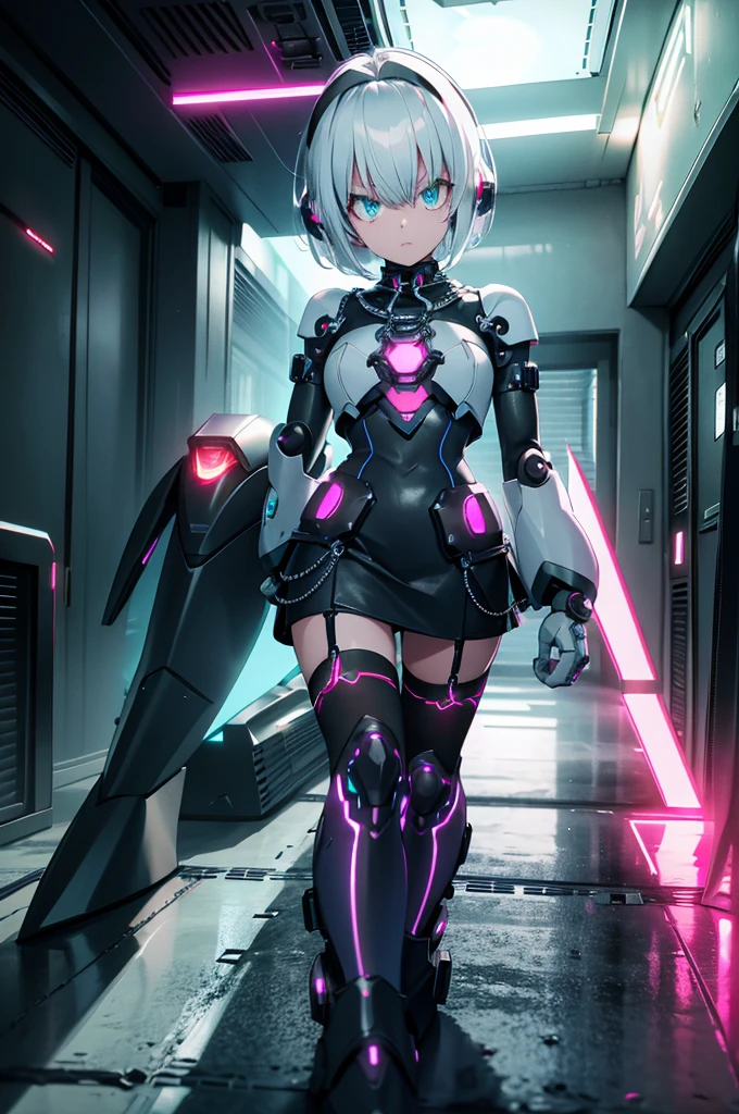 Android Girl,white hair,short and messy hair, purple neon eyes, Holding a chain whip,chains on the hands,chains action, chains around her arm, very cute, skirt, white blouse, cyberpunk style, eletronic gloves, mecanic parts, eletronic details,living room background.HD lighting and dark )(epic image quality) dark atmosphere with bright particle light(many effects in background), dinamic shot, robot, neon tweaks, cyberpunk theme